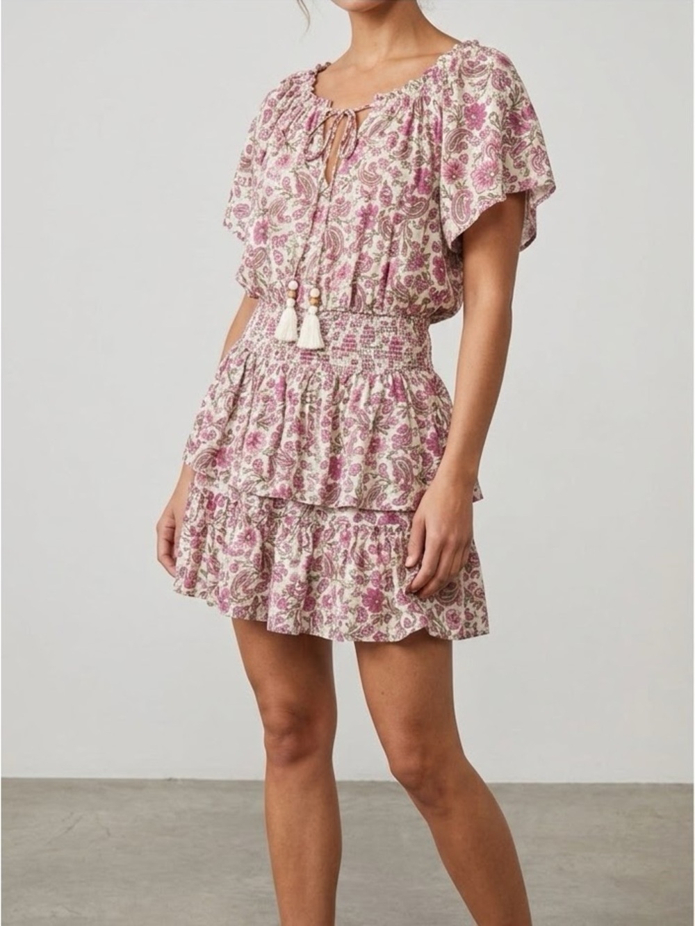 Pink Floral Paisley Ruffle Tiered Summer Dress in Cream and Pink